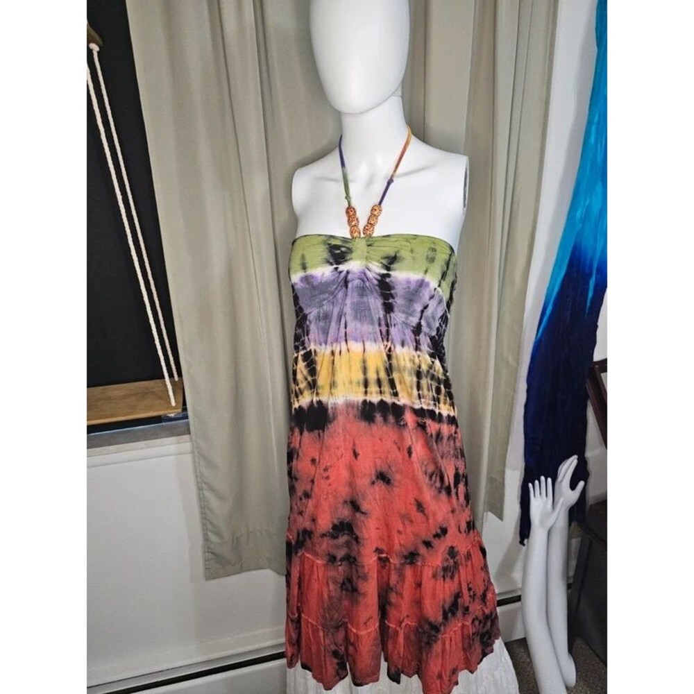 Ocean Breeze Tie Dye Strapless Dress Beaded Drawstring Boho Midi Maxi Size M